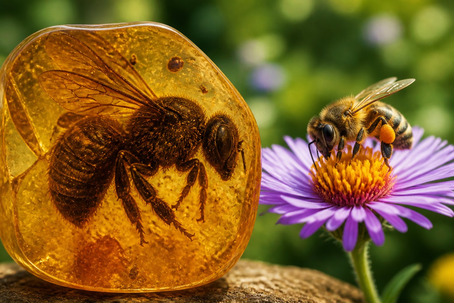 Close-up view of a large ancient bee fossil in amber next to a smaller modern bee on a flower.