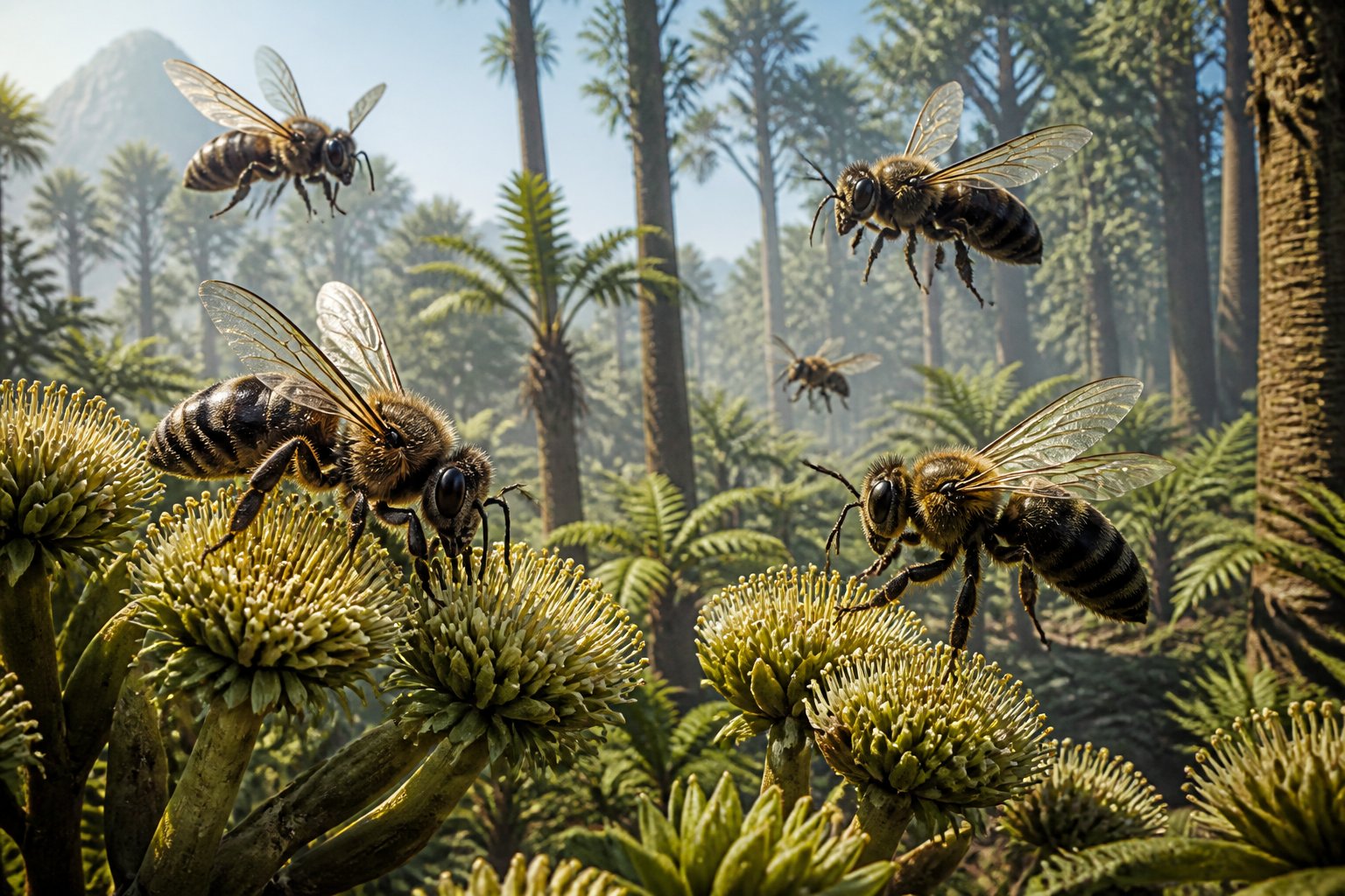 Large prehistoric bees flying around early flowering plants in a lush green landscape.