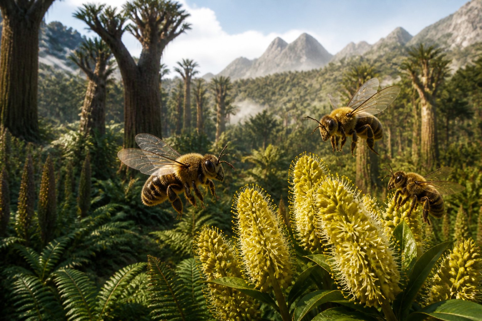 Large bees flying around early flowering plants in a prehistoric forest landscape with tall trees and mountains in the background.