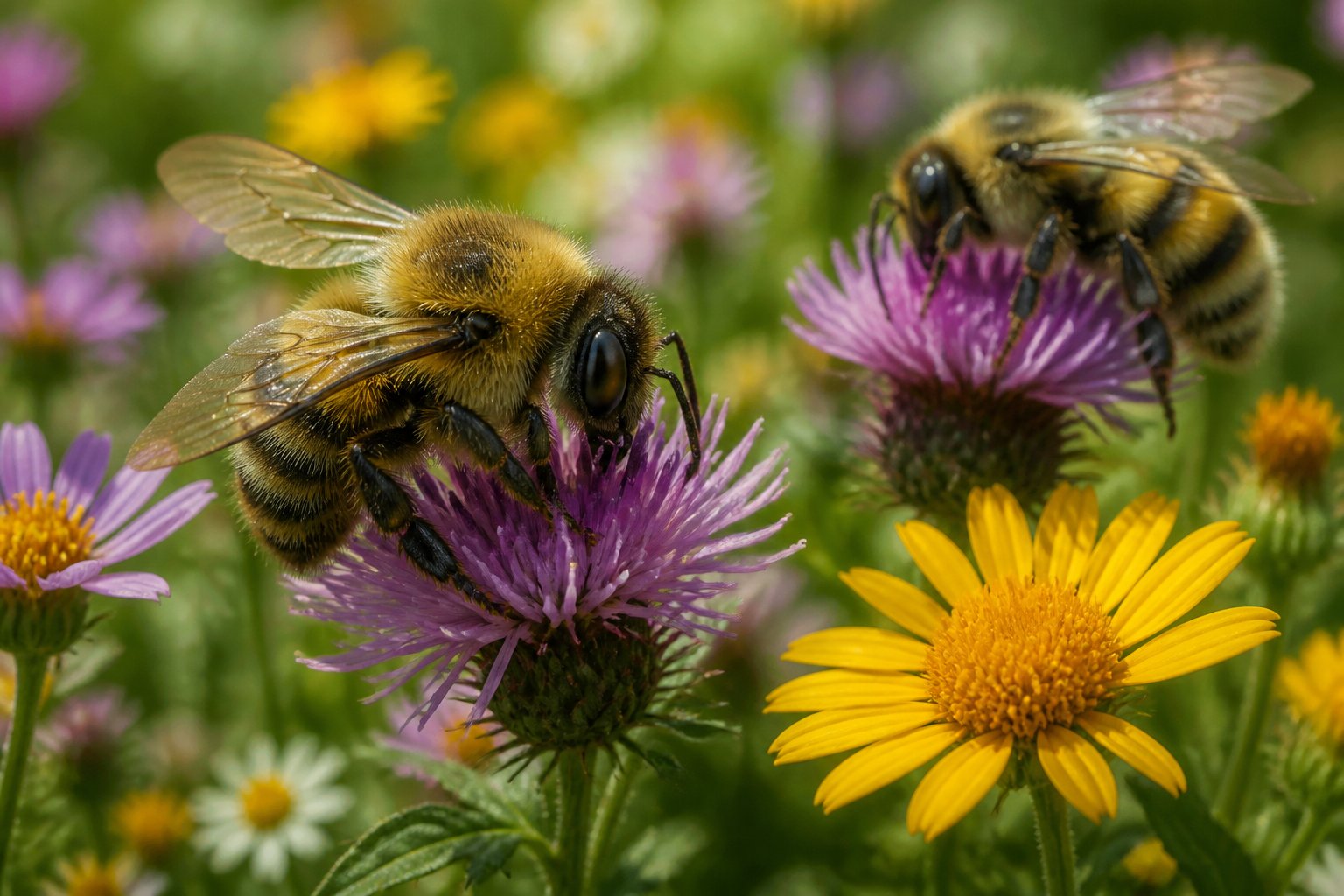 Close-up of large bees pollinating colorful flowering plants in a sunlit meadow.