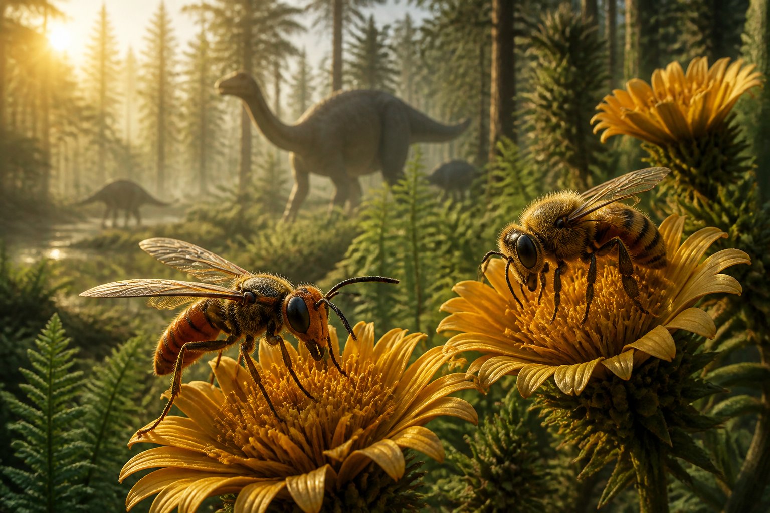 Close-up of a wasp-like insect and an early bee on prehistoric flowers with dinosaurs in the distant forest background.