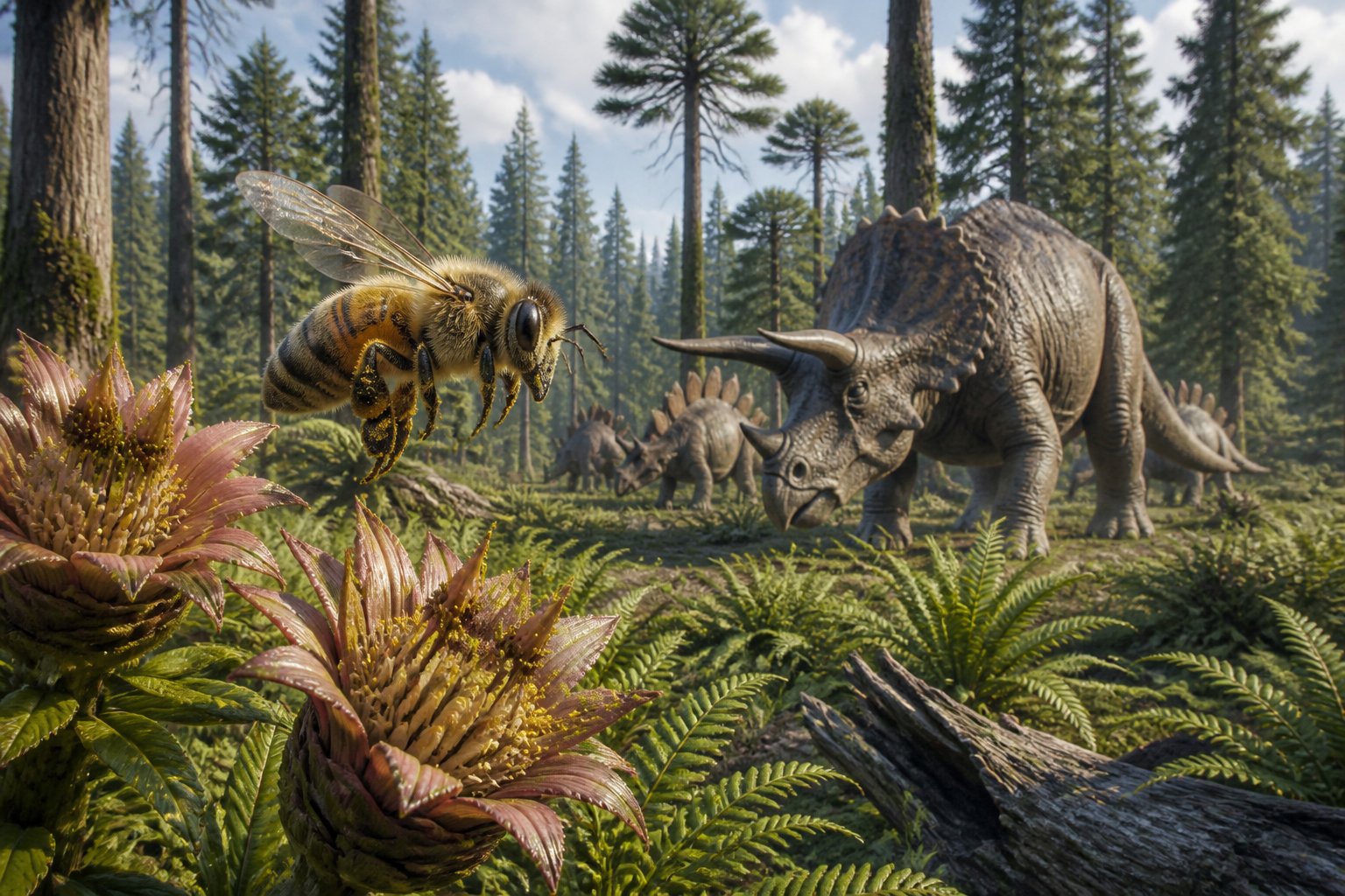 A prehistoric forest scene showing a large bee near ancient flowers with dinosaurs in the background.
