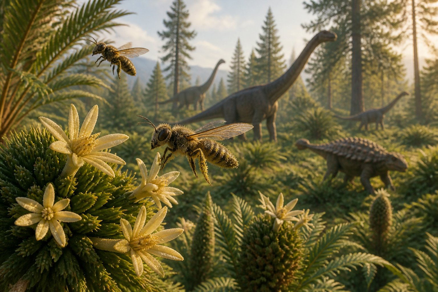 Close-up of early bees near prehistoric flowers with dinosaurs in the forest background.