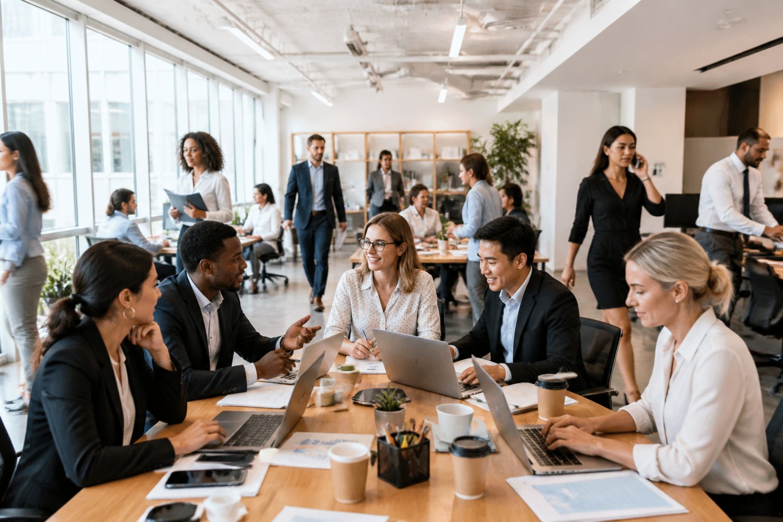 A busy office with people working together at desks and walking around, showing a productive work environment.