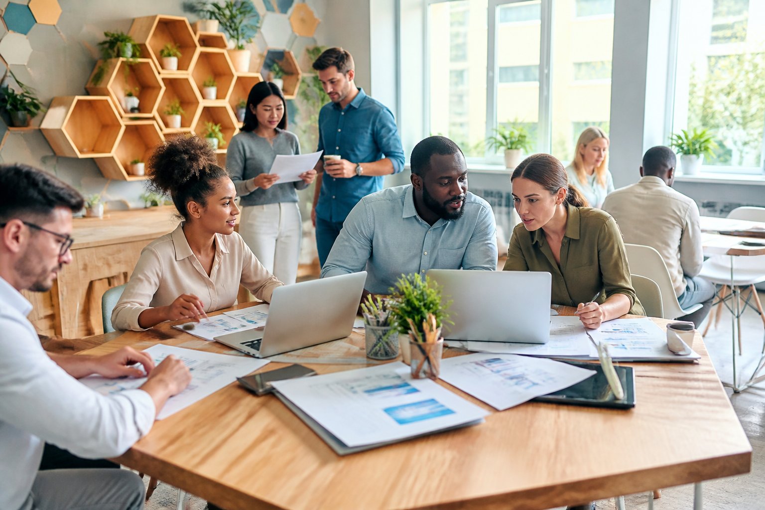 A group of people working together energetically in a bright office space, collaborating over laptops and documents.