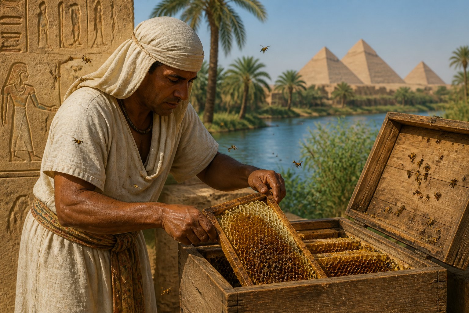 An ancient Egyptian beekeeper tending to a wooden beehive with bees flying nearby, set against a backdrop of pyramids and palm trees by the Nile River.