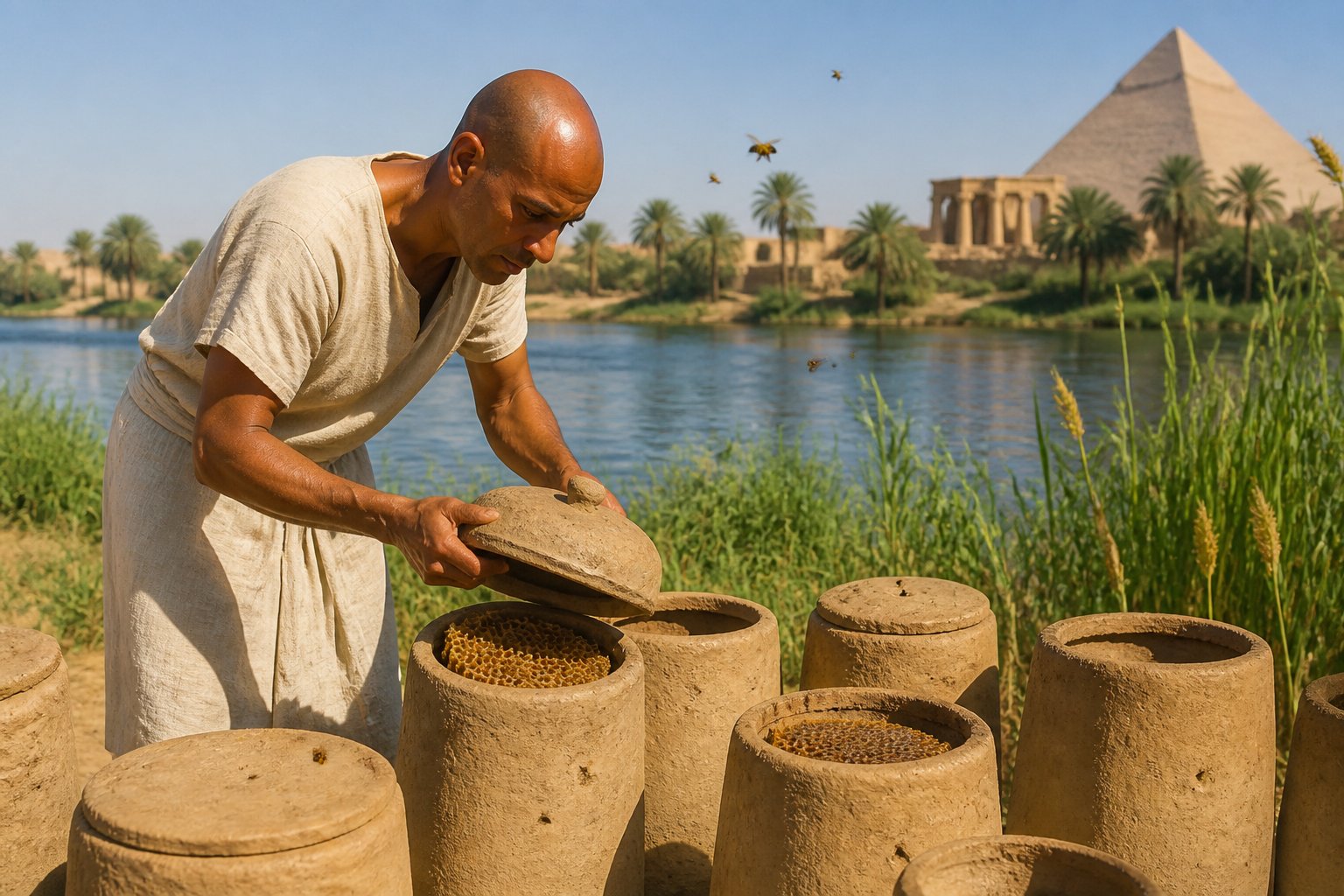 An ancient Egyptian beekeeper tending to clay beehives outdoors near the Nile with bees flying around and pyramids in the background.