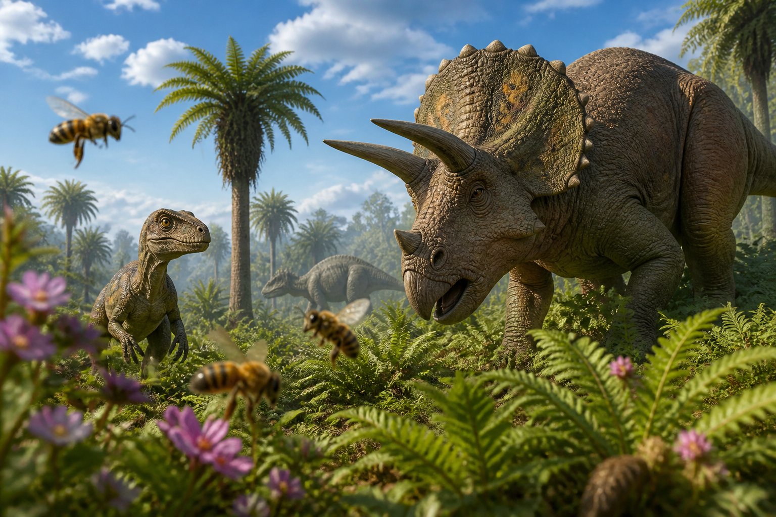 A prehistoric forest scene showing dinosaurs and bees flying around flowering plants.
