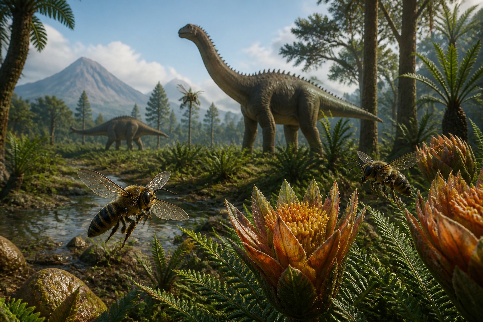 Prehistoric forest scene showing early bees flying near ancient flowers with dinosaurs in the background.
