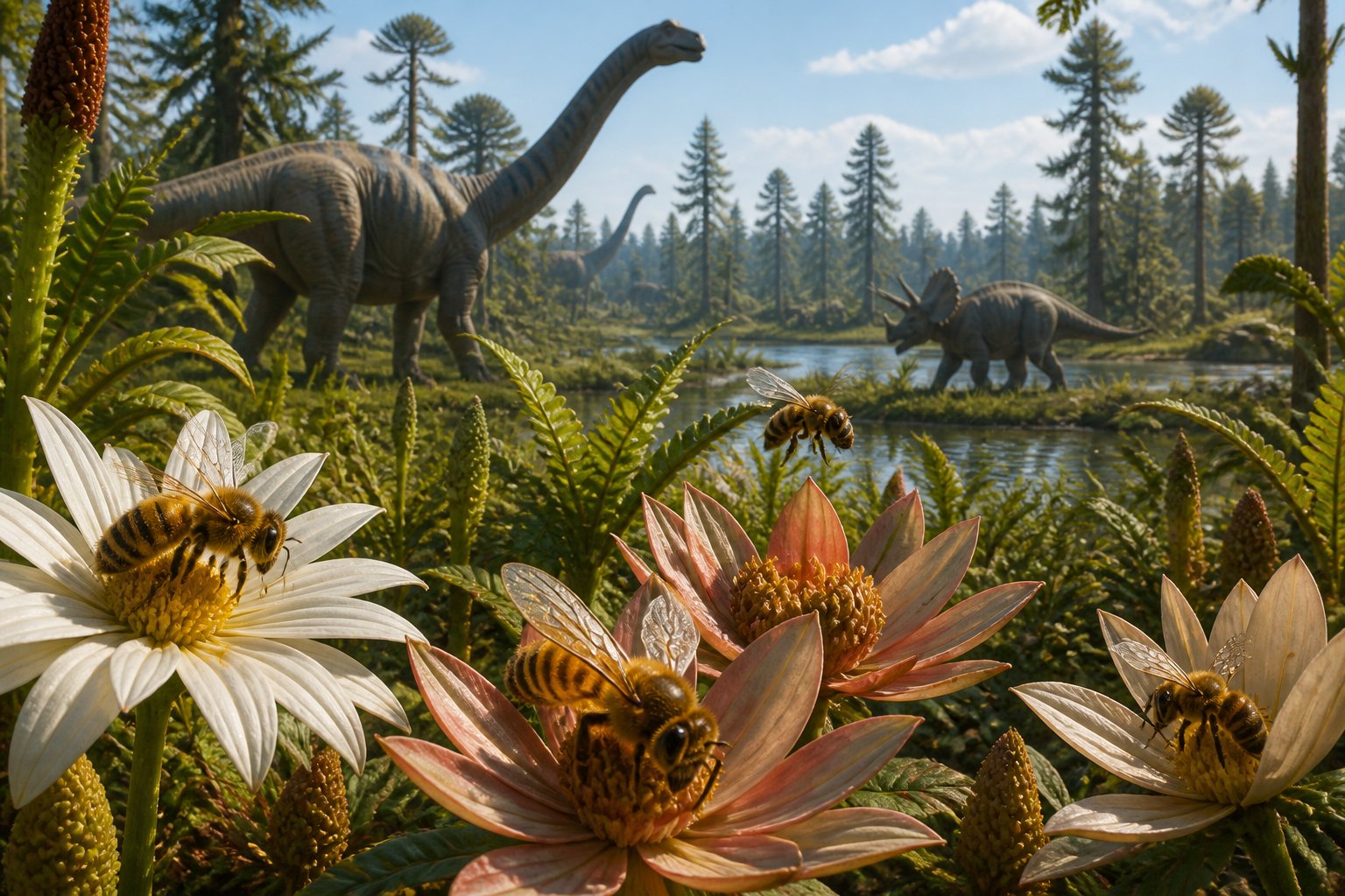 Bees pollinating ancient flowers in a prehistoric landscape with dinosaurs in the background.