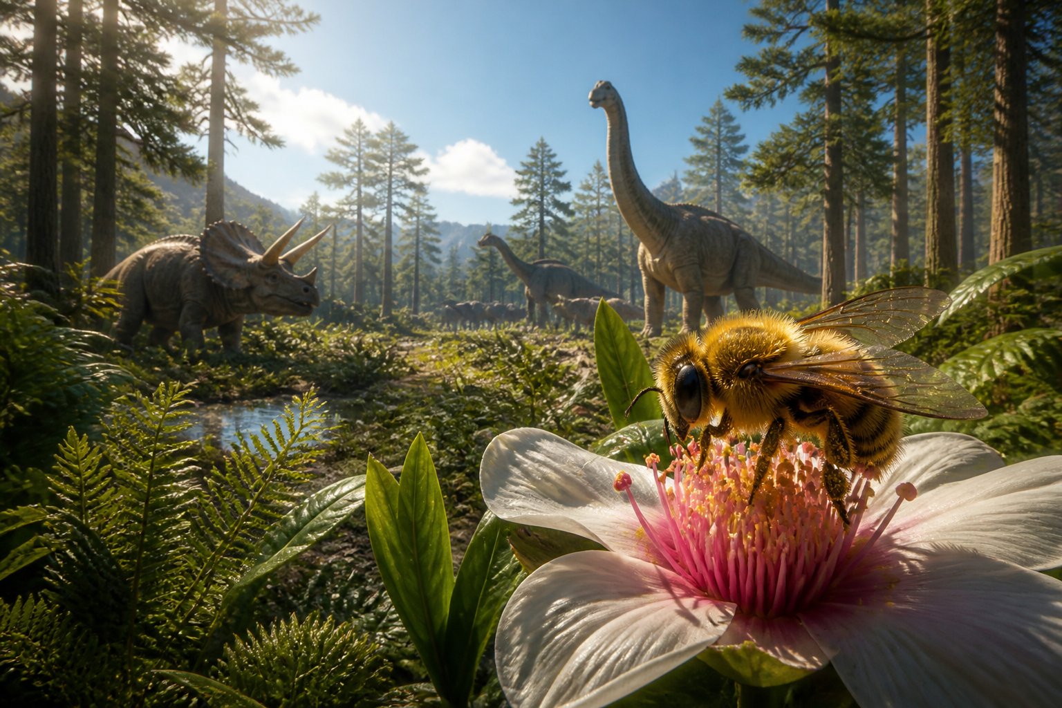 A large bee on a blooming flower in a prehistoric landscape with dinosaurs in the background.