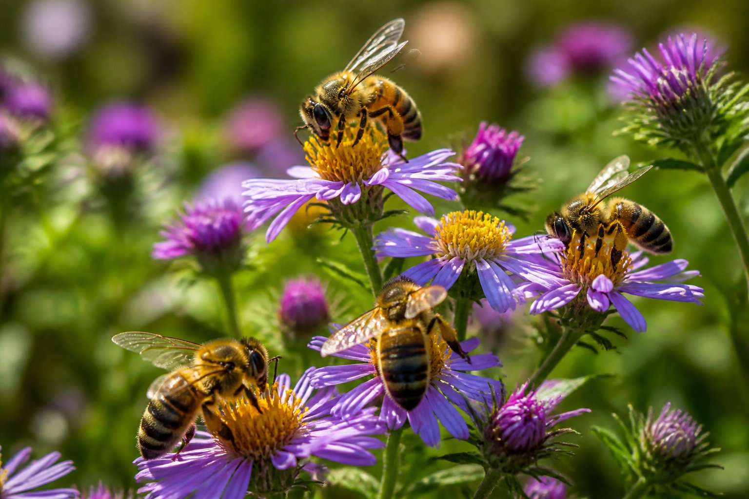 Close-up of small yellow and black bees on colorful wildflowers in a green outdoor setting.