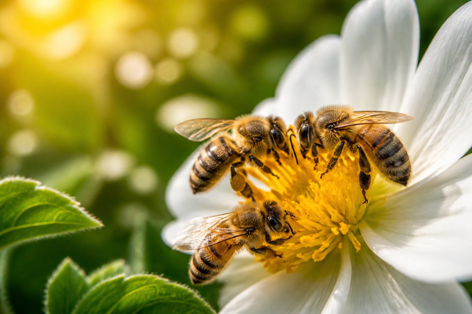 Close-up of honey bees collecting nectar from a flower in a natural outdoor setting.