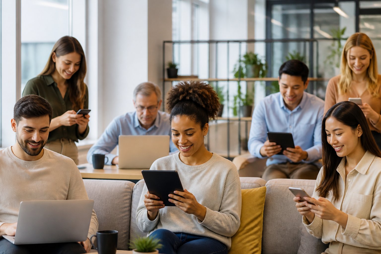 A diverse group of people using laptops, tablets, and smartphones in a modern indoor space.
