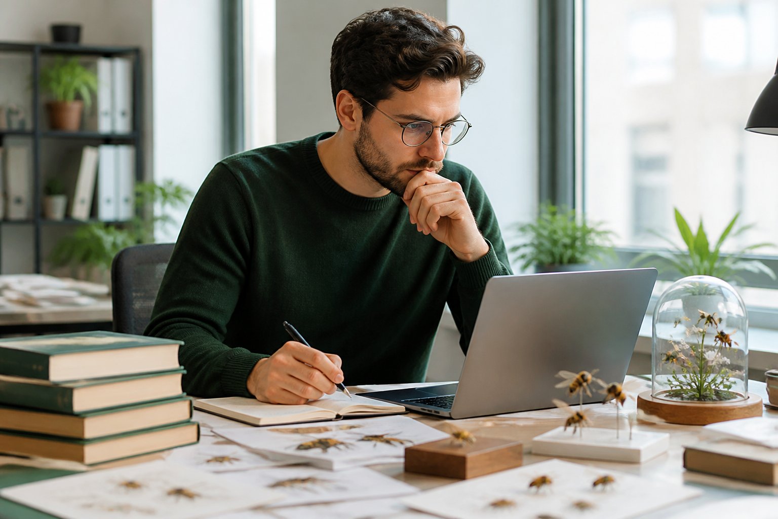 A person at a desk studying information with small bee models nearby, working on a laptop in a bright office.