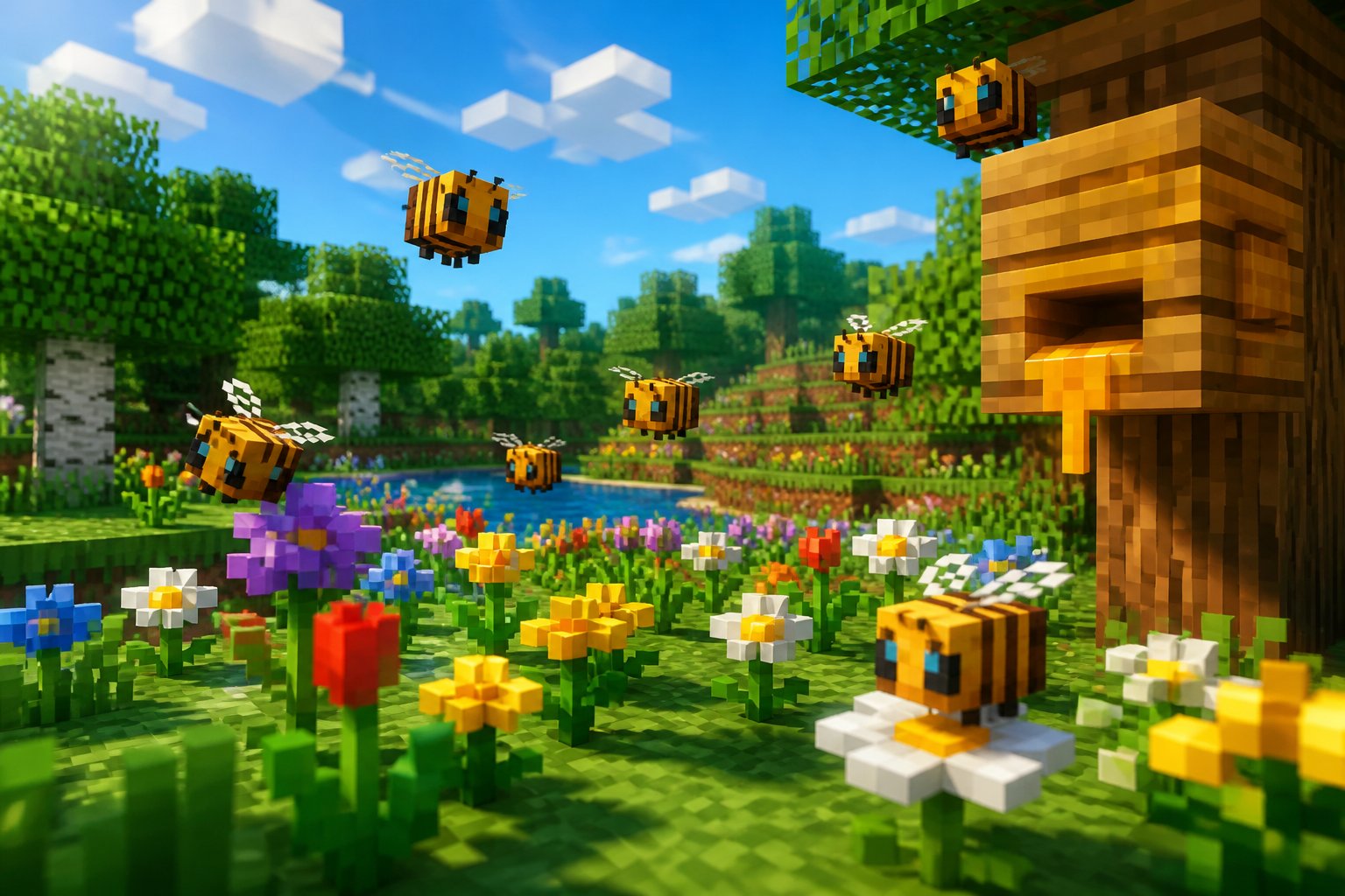 A colorful Minecraft-style scene showing pixelated bees flying around flowers and a wooden beehive in a grassy landscape with trees and a blue sky.