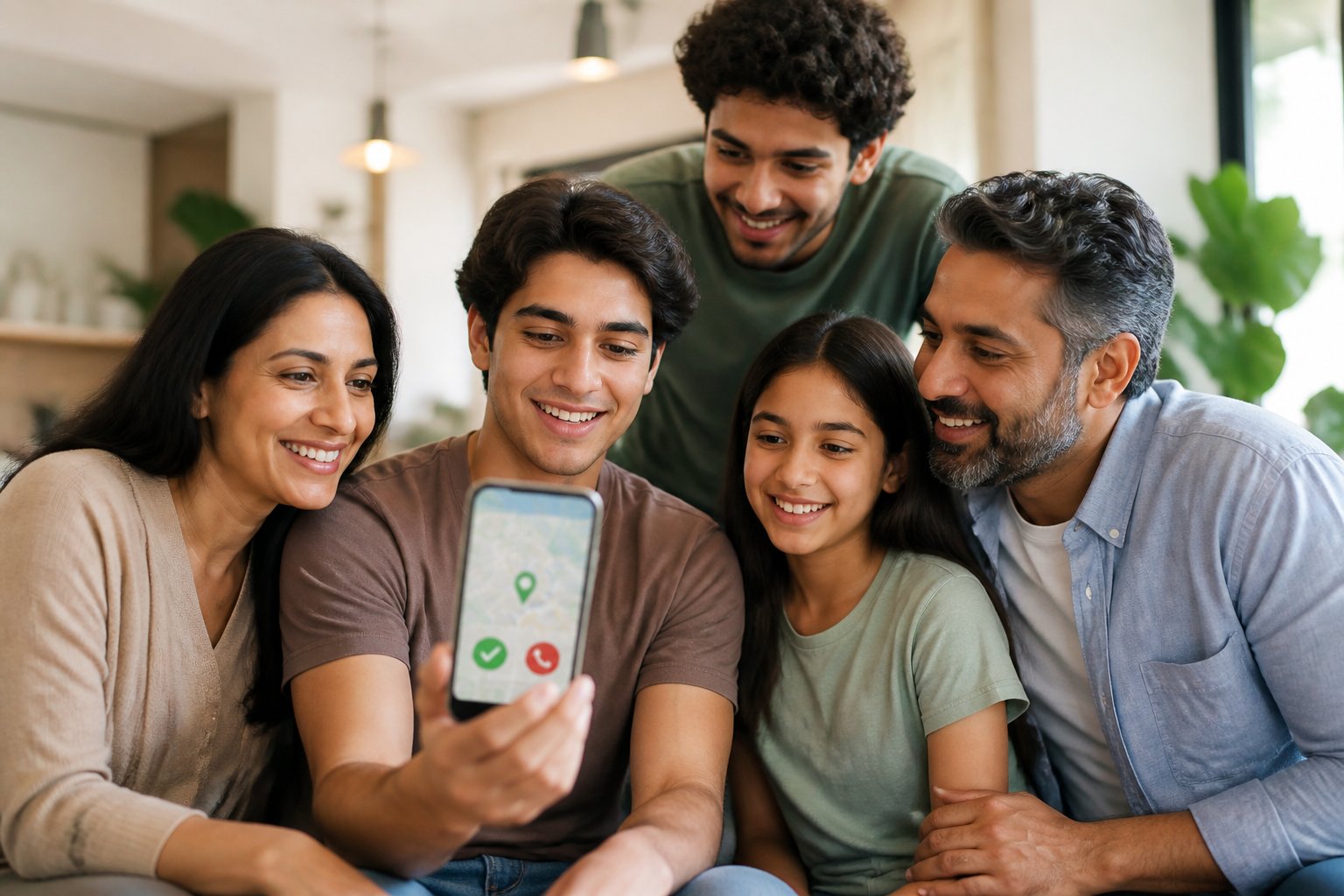 A family gathered in a living room while a young adult holds a smartphone showing a location-sharing app, with family members smiling and looking connected.