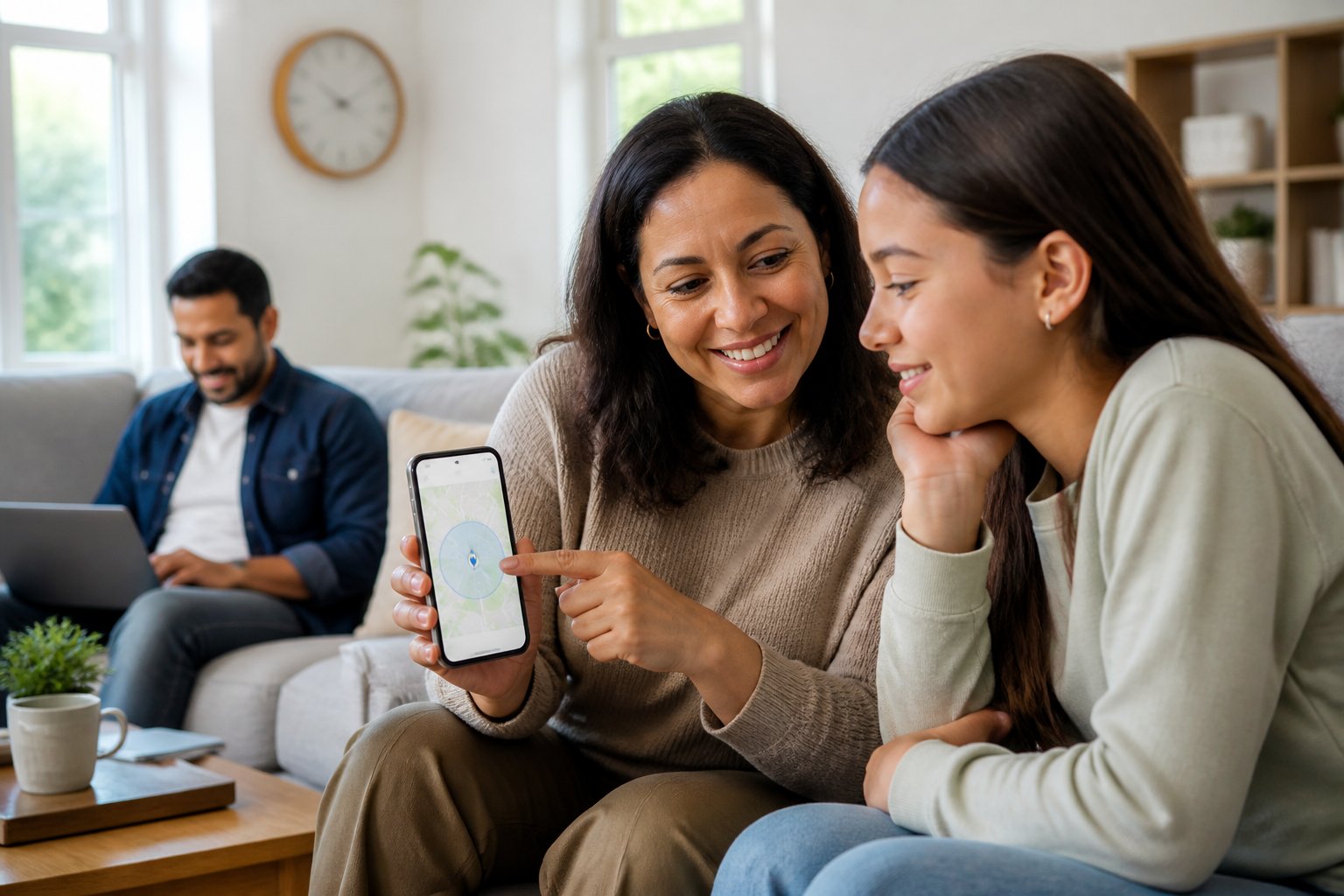 A woman showing a smartphone app to a younger family member in a living room, demonstrating location sharing.