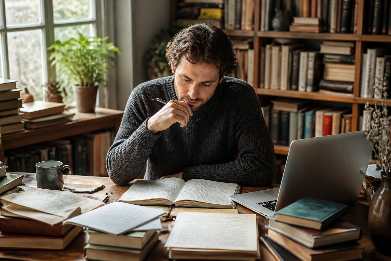 A person writing at a desk surrounded by books and notes in a cozy study.