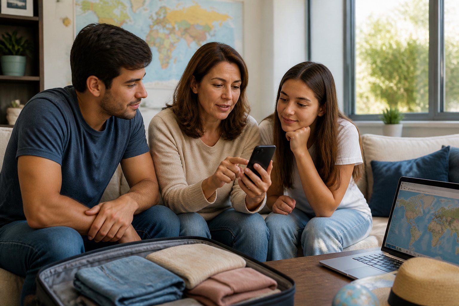 A family in a living room using a smartphone to share their travel check-in and location with loved ones.