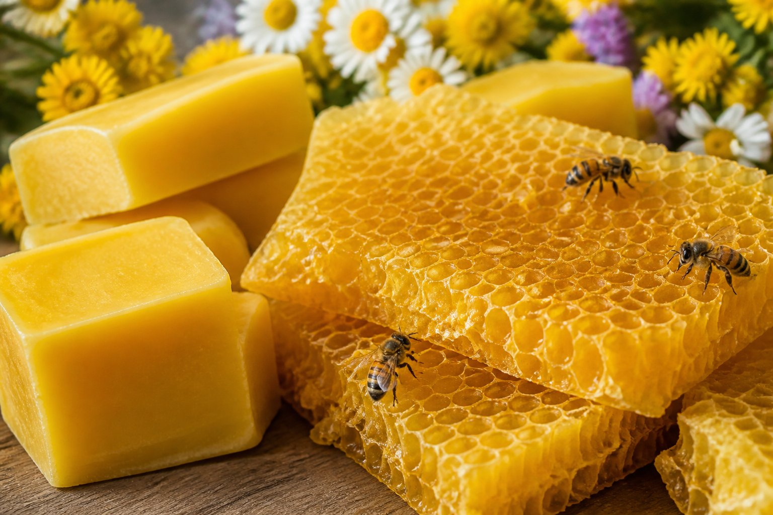 Close-up of raw beeswax honeycomb with blocks of beeswax and bees on flowers in the background.