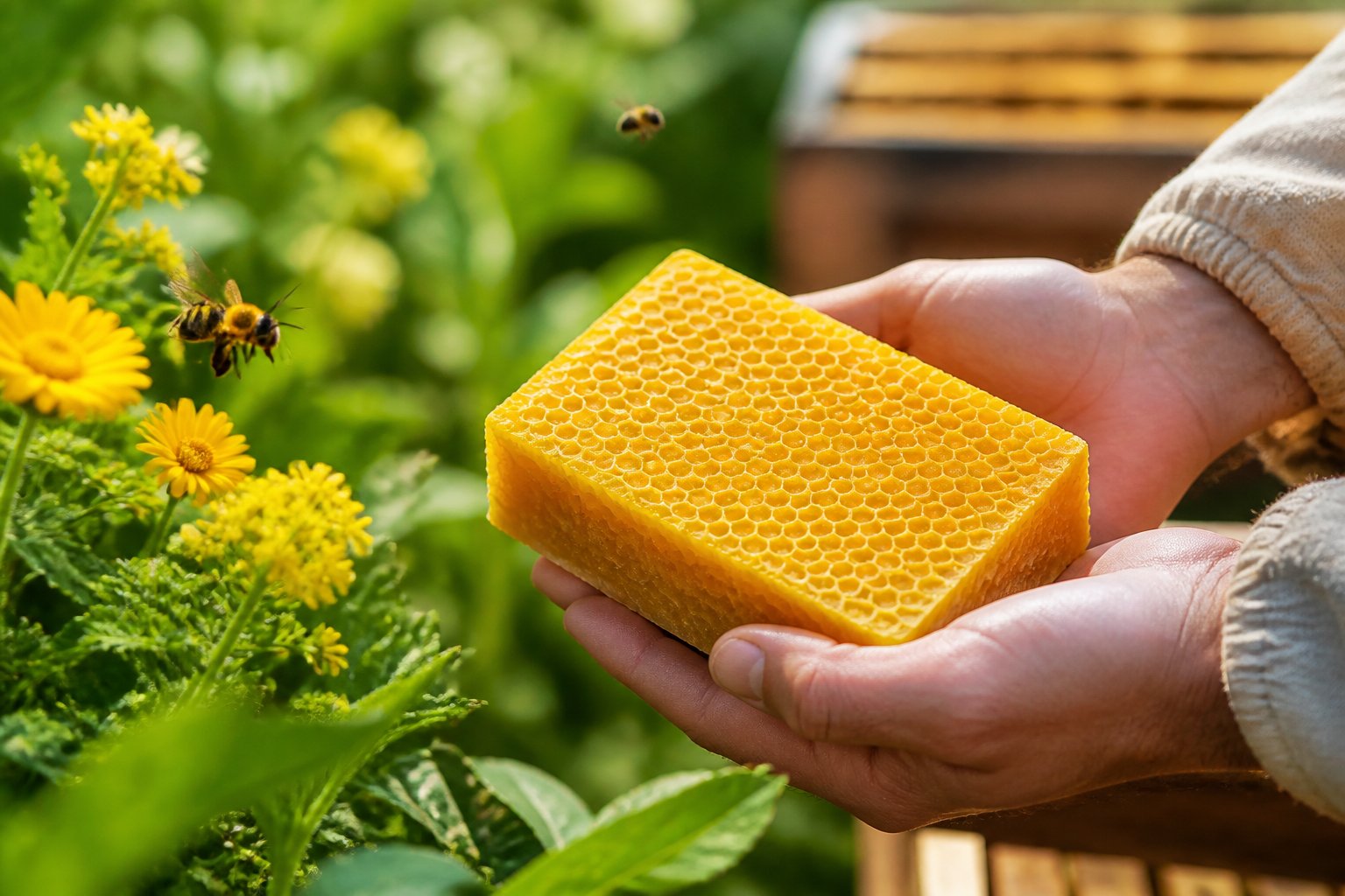 Close-up of hands holding a block of golden beeswax surrounded by flowers and bees in a natural setting.