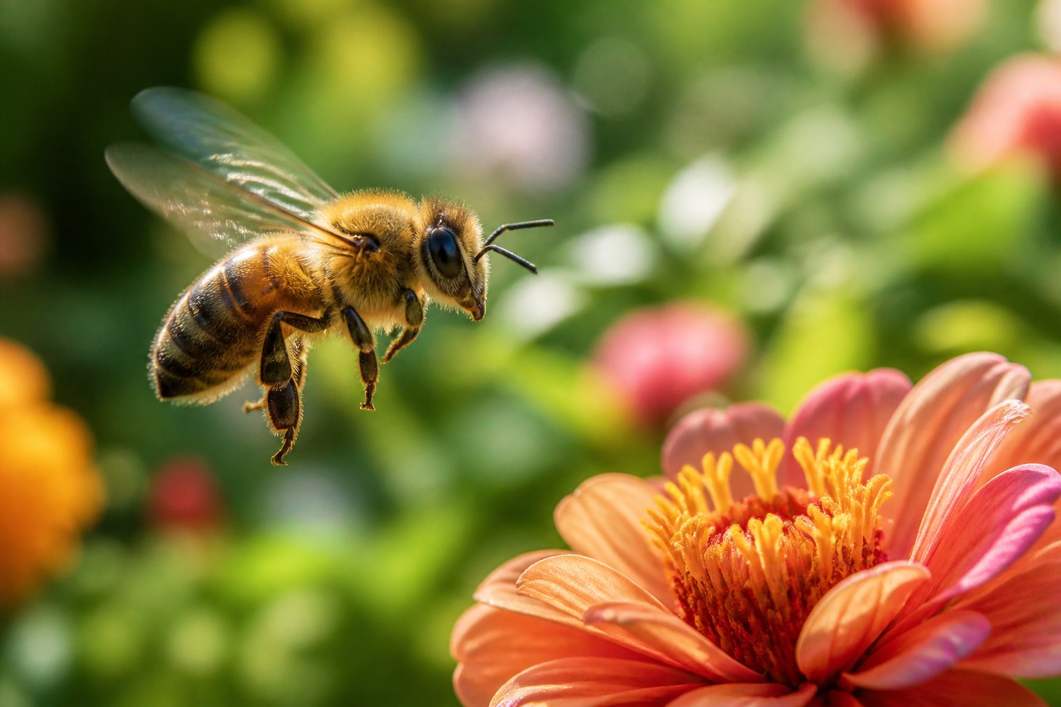 Close-up of a honeybee flying near a colorful flower in a sunlit garden.
