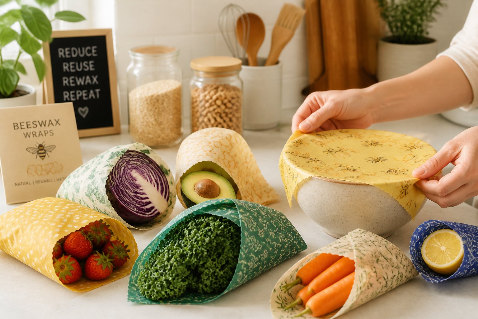 A kitchen countertop with fresh fruits and vegetables wrapped in beeswax wraps, and a hand covering a bowl with a beeswax wrap.