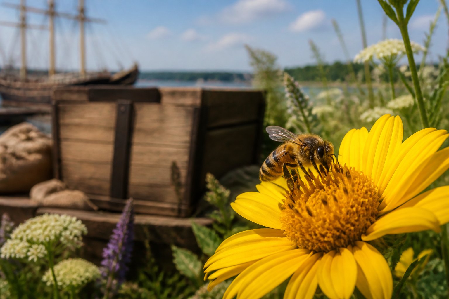 A close-up of a honeybee on a yellow flower with a vintage wooden crate in the blurred background in a garden setting.