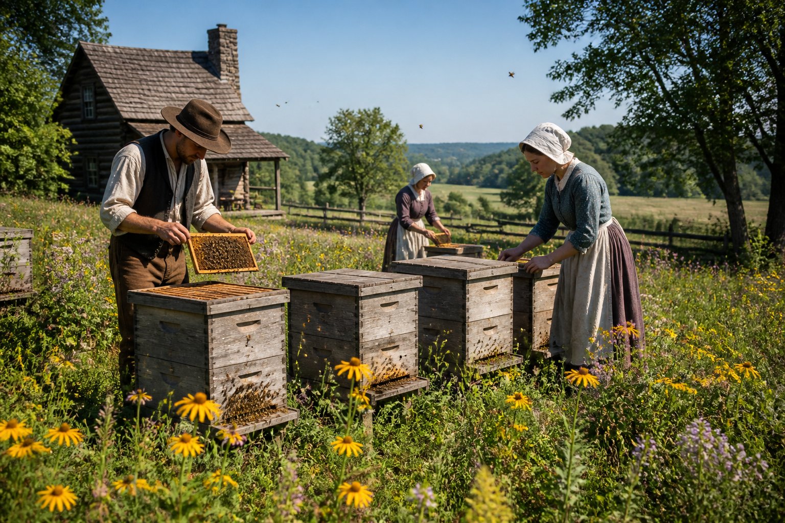 Settlers in historical clothing tending to wooden beehives in a rural landscape with bees flying around and wildflowers nearby.