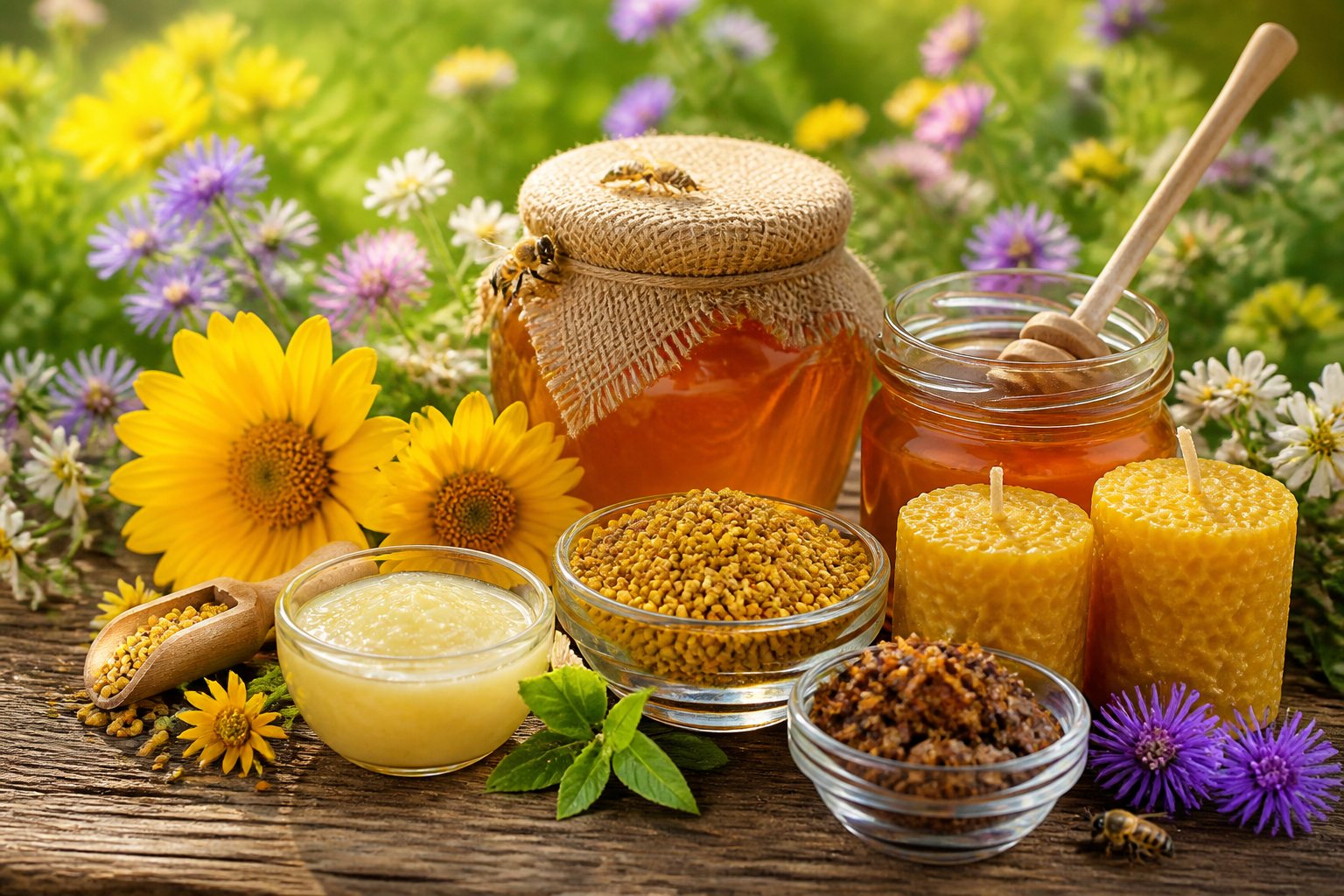 A variety of bee products including honey jars, beeswax candles, royal jelly, propolis, and pollen displayed on a wooden table with flowers and bees nearby.