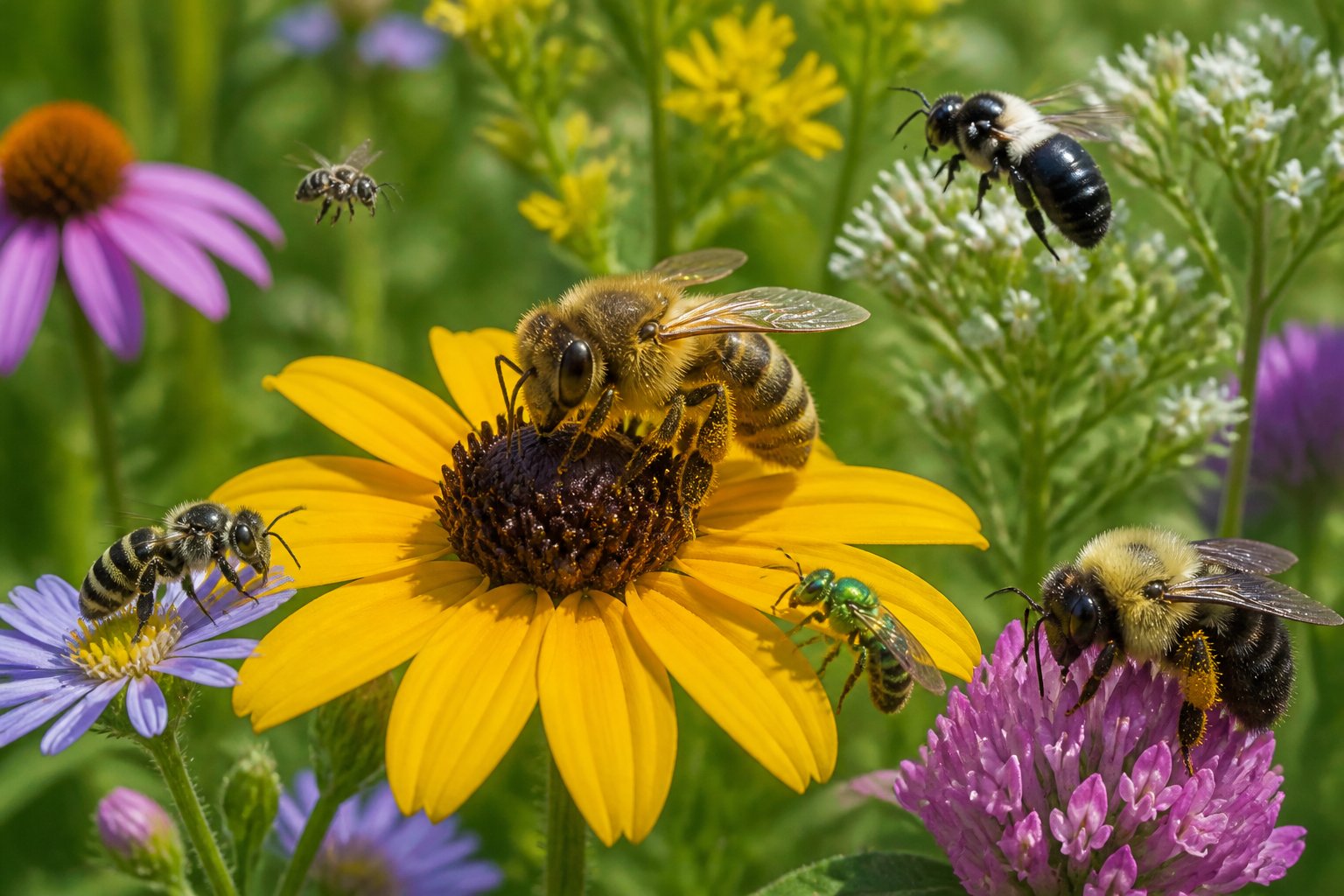 Close-up of a honey bee on a yellow flower with other native American bees nearby in a green meadow.