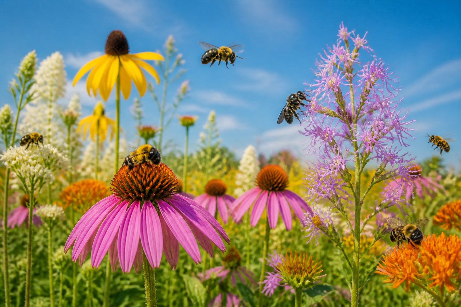 Close-up of native bees pollinating wildflowers in a sunlit North American meadow.