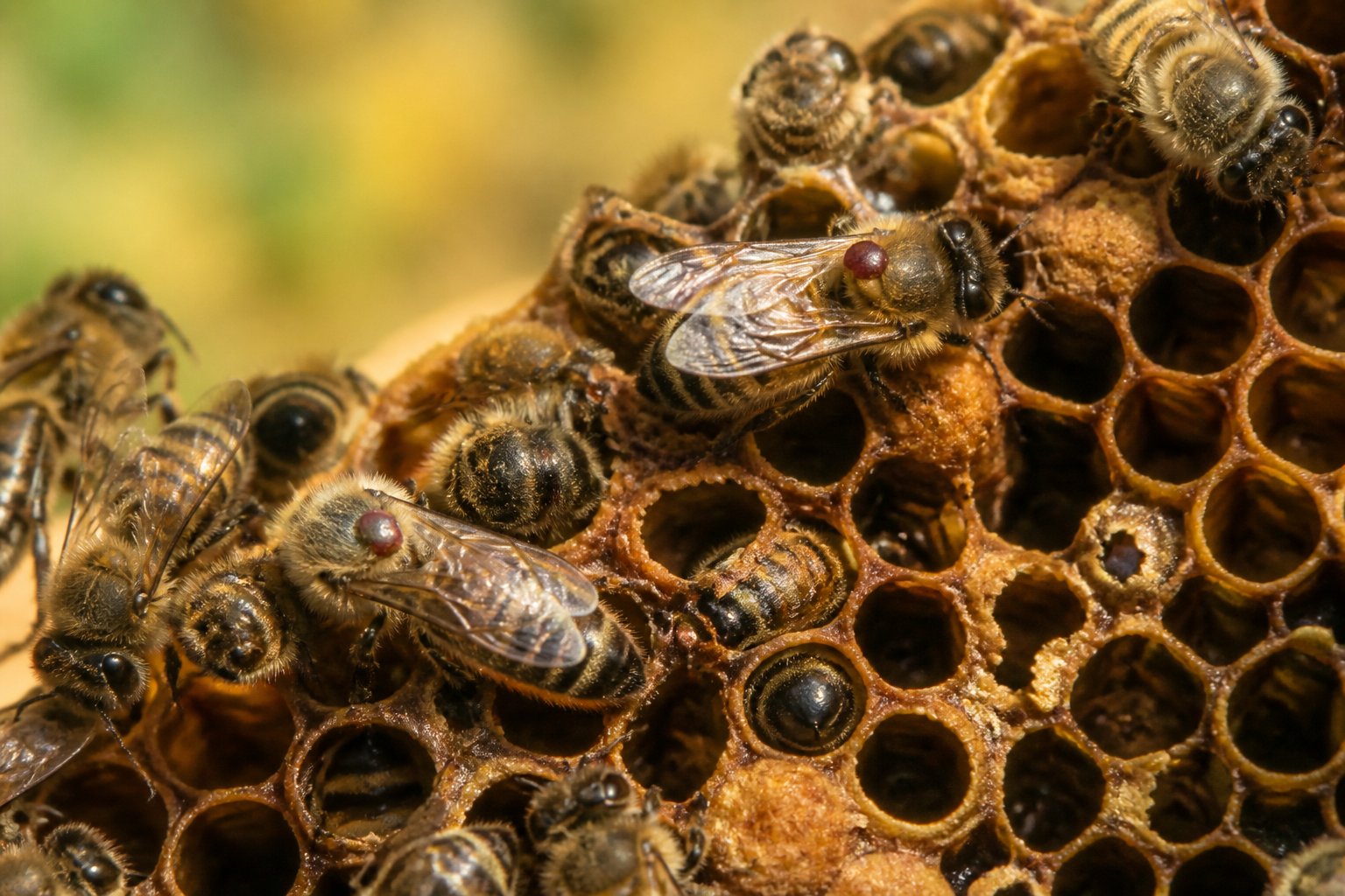 Close-up of a honeybee hive showing bees on honeycomb, some with small parasites, illustrating bee health problems.