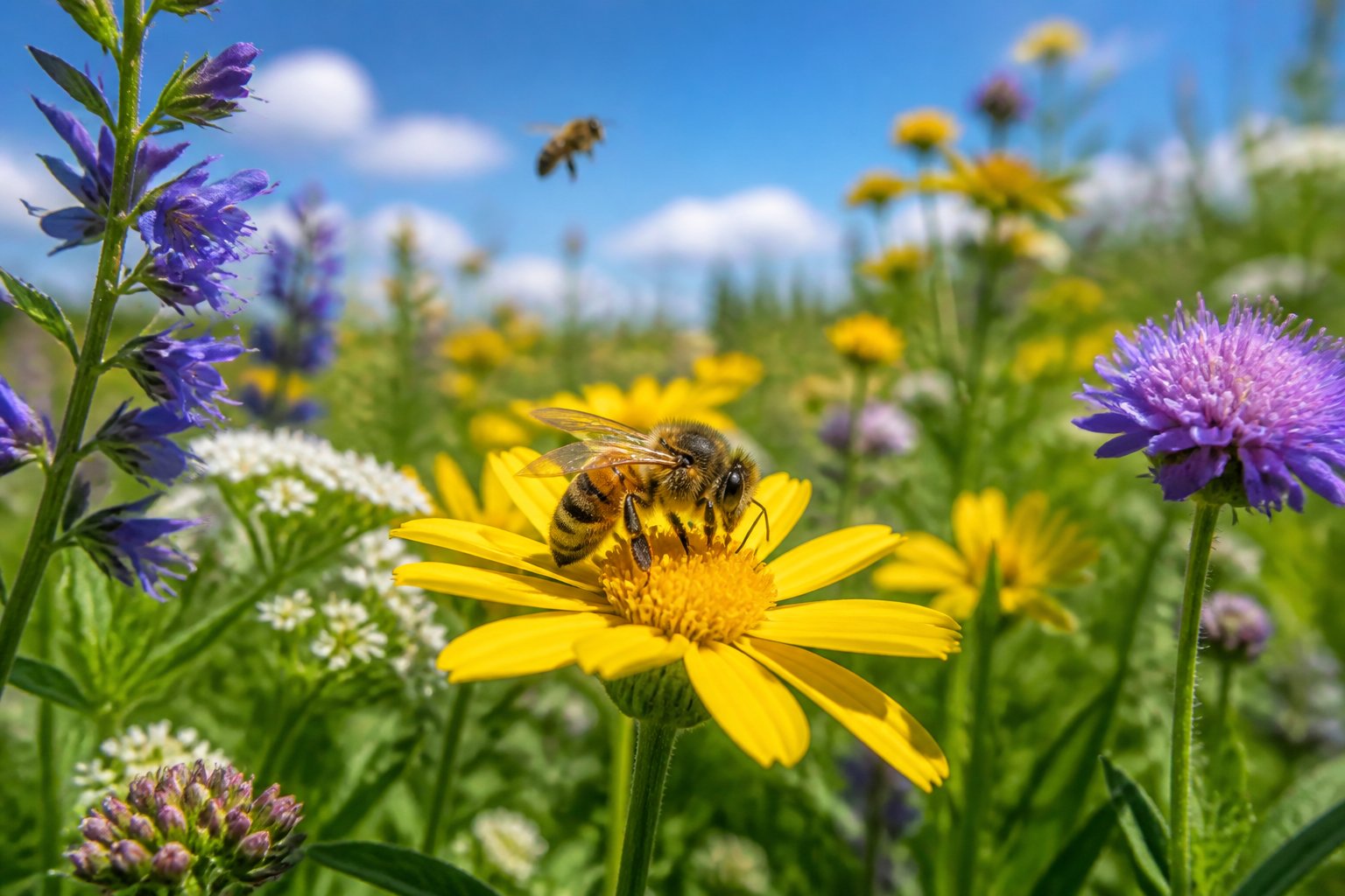 A close-up of a honeybee on a yellow flower in a green meadow with other flowers and bees in the background.