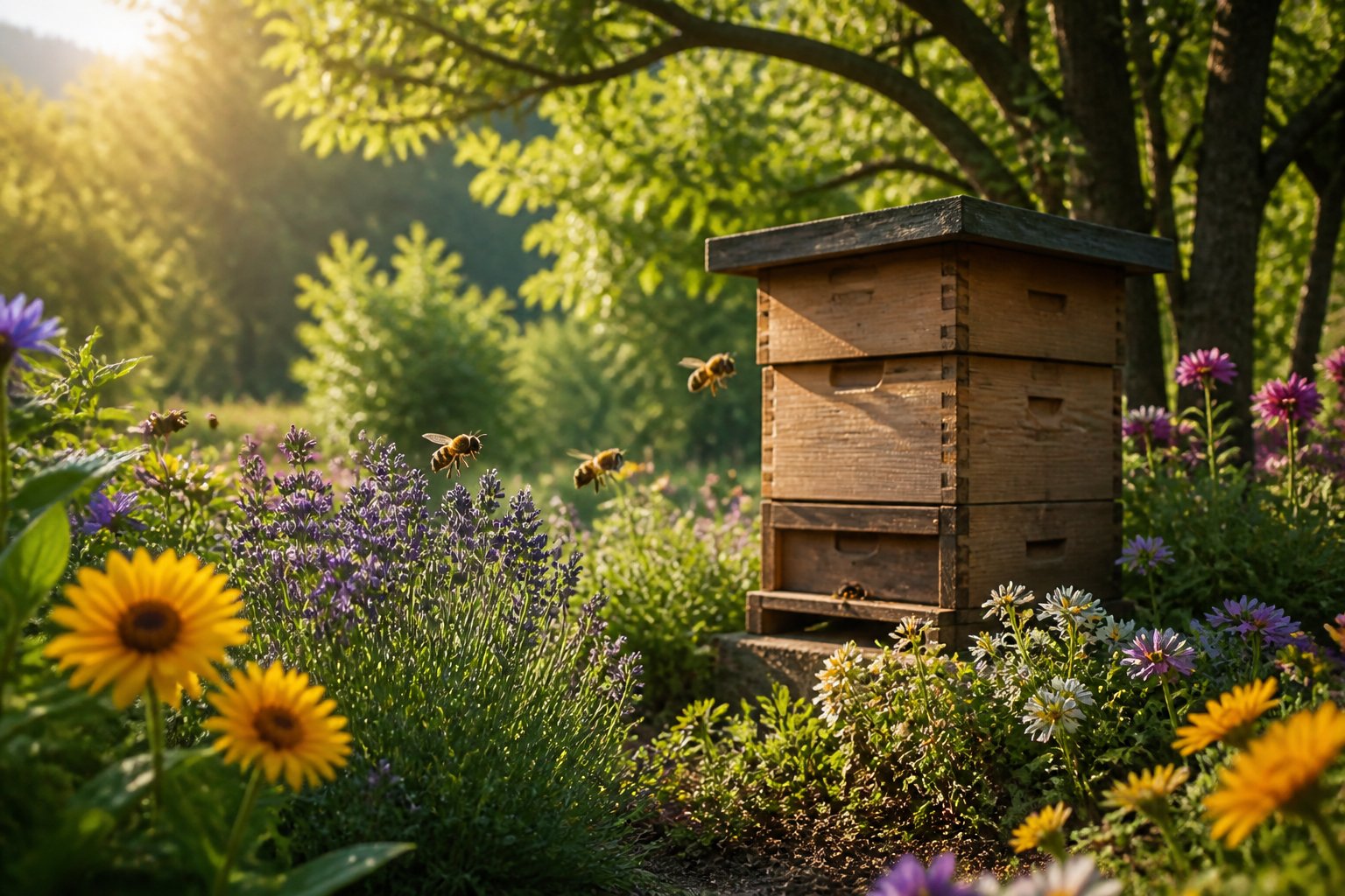 A garden scene with a wooden beehive surrounded by flowers and bees flying nearby.