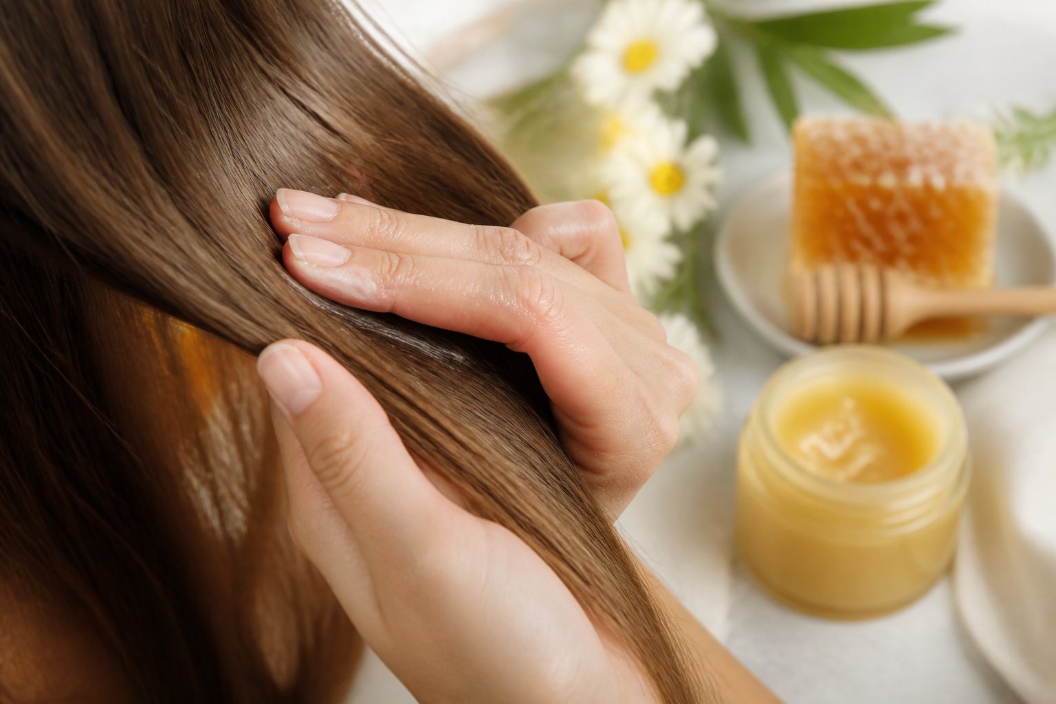 Close-up of hands applying beeswax hair product to shiny hair with natural ingredients in the background.