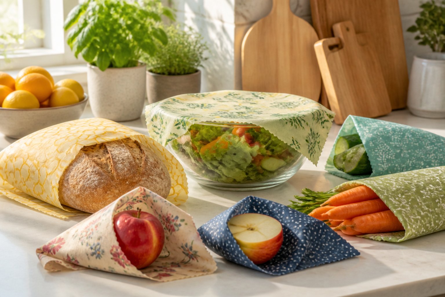Fresh fruits and vegetables wrapped in colorful beeswax wraps on a kitchen countertop with natural light.