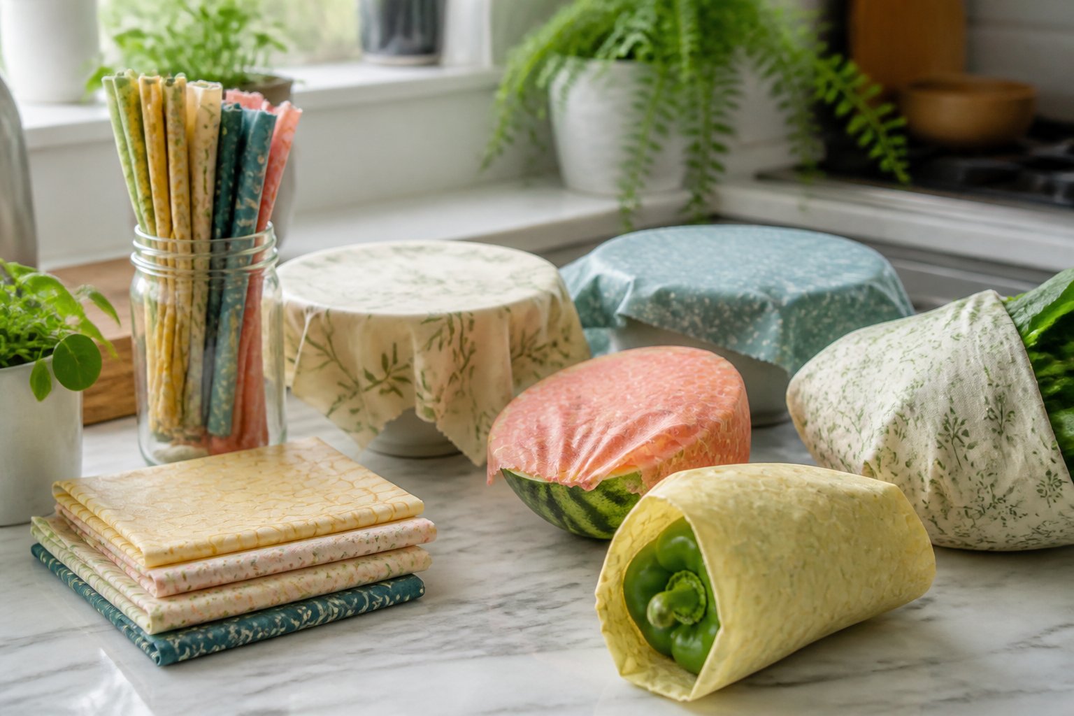 Kitchen countertop with beeswax wraps covering fresh produce and a jar of beeswax wraps nearby.