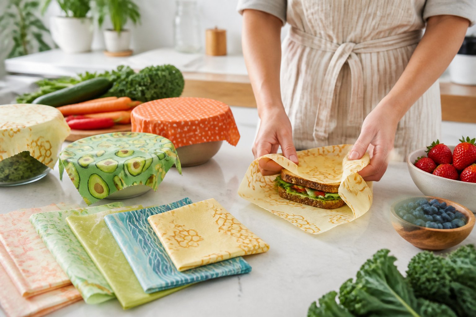 Hands wrapping a sandwich with colorful beeswax wraps on a kitchen countertop surrounded by fresh fruits and vegetables.