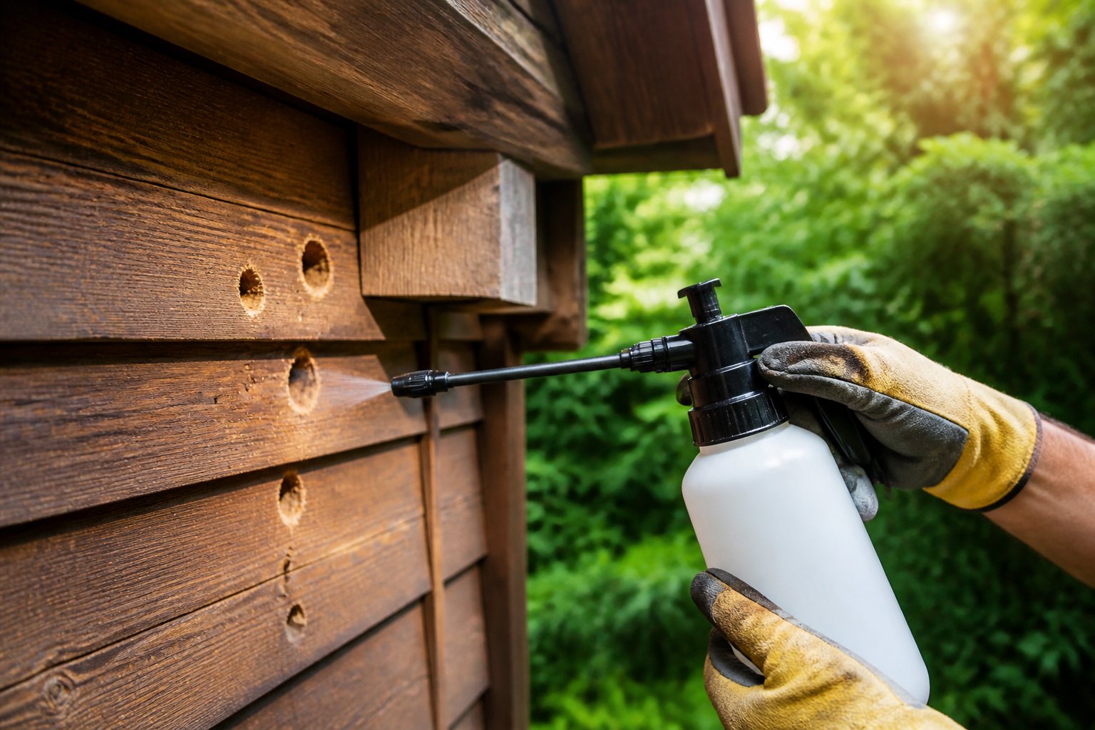 Close-up of hands treating carpenter bee holes on wooden house exterior with a spray bottle outdoors.