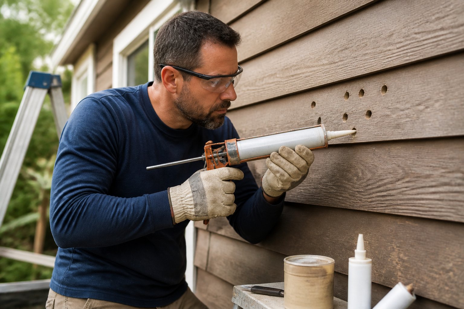 A worker repairing wooden siding on a house, filling holes caused by carpenter bees to prevent further damage.