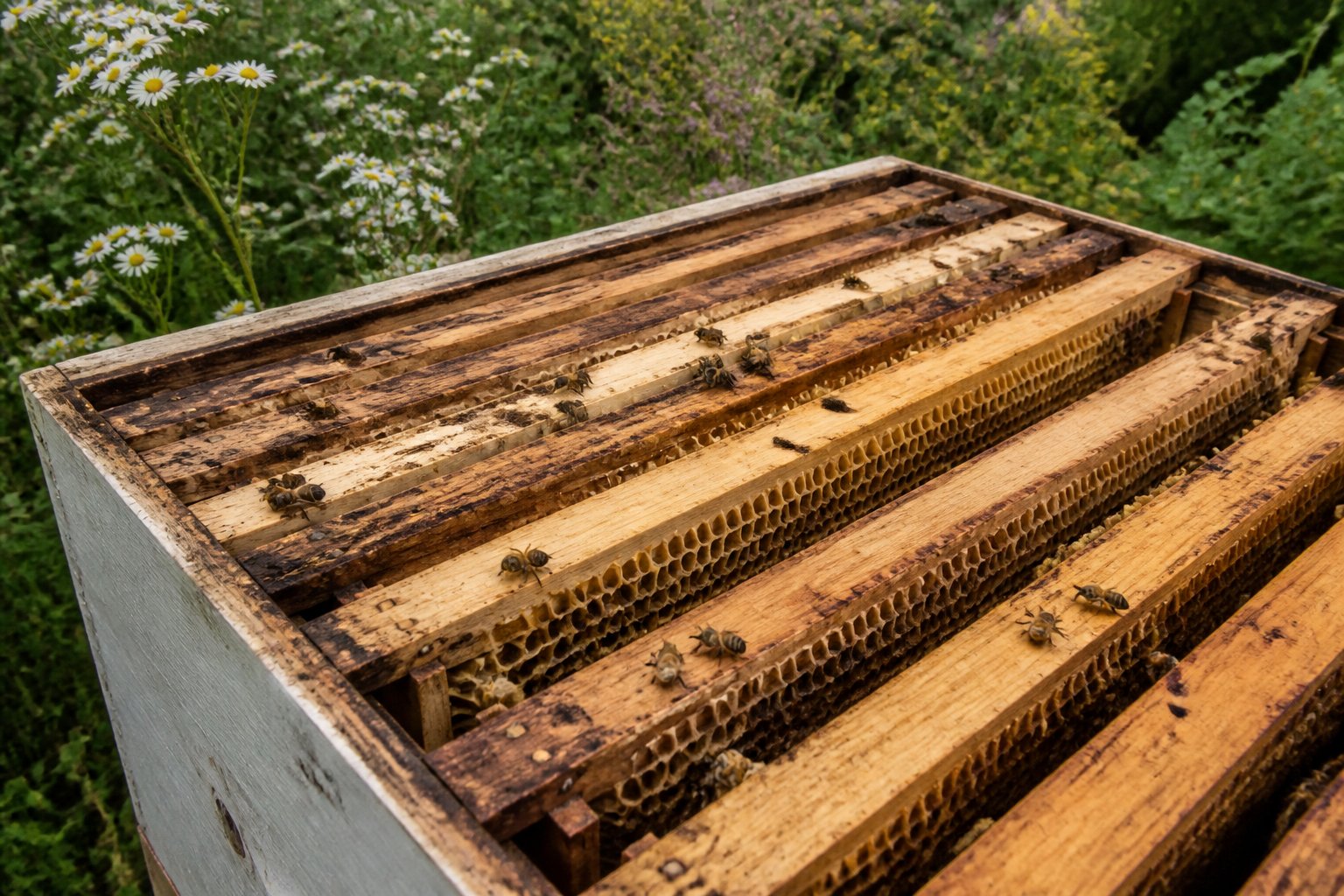 Close-up of a wooden beehive with empty honeycomb frames and a few dead bees, surrounded by flowering plants.