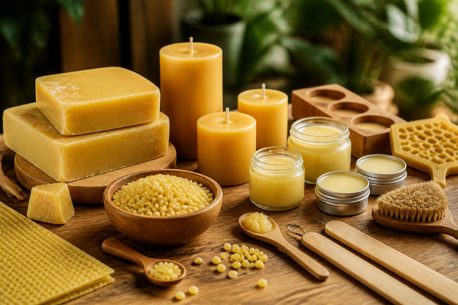 A workspace with beeswax blocks, candles, jars of beeswax cream, and tools arranged on a wooden surface.