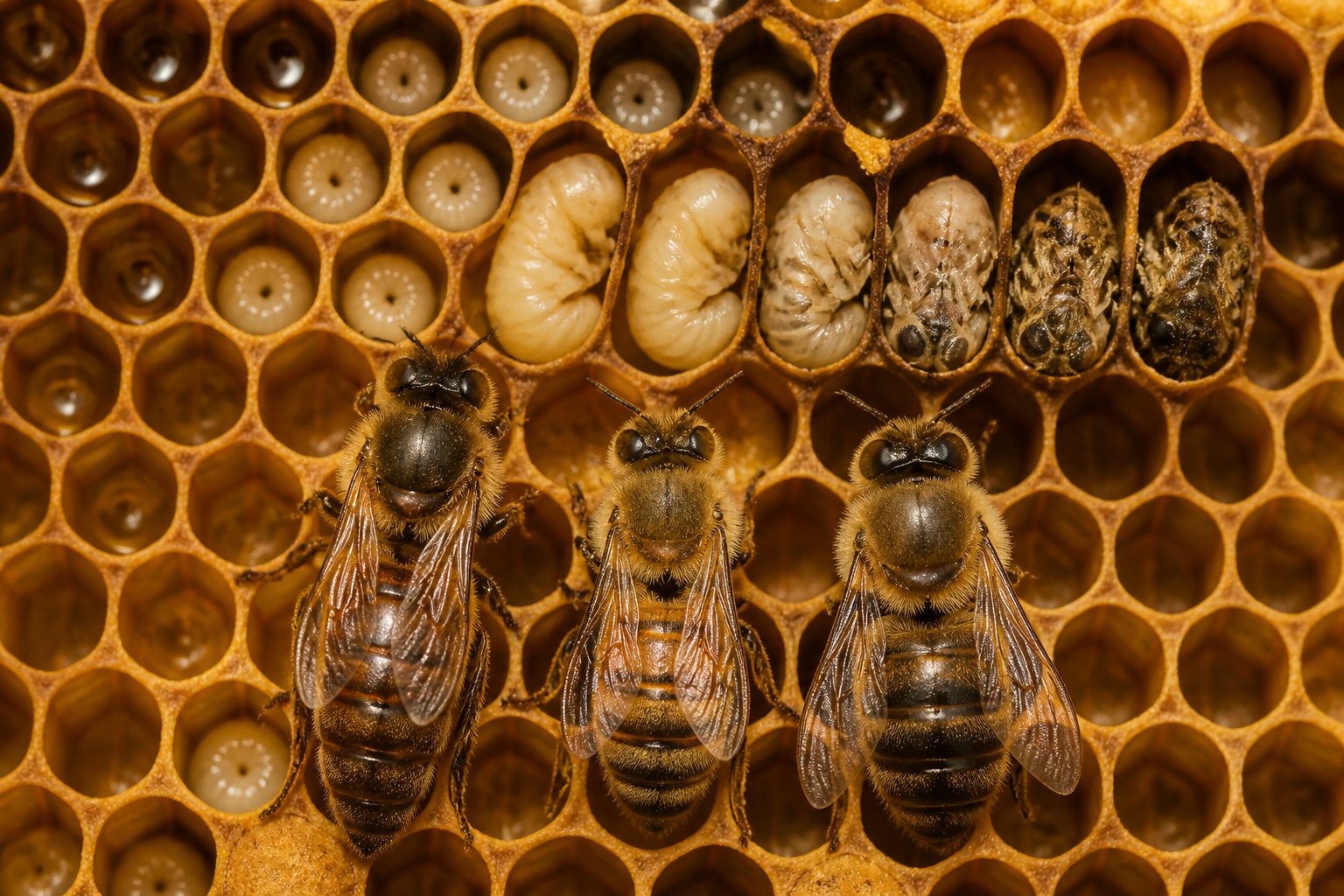 Close-up of a honeycomb showing bees at different stages of development including eggs, larvae, pupae, and adult queen, worker, and drone bees.
