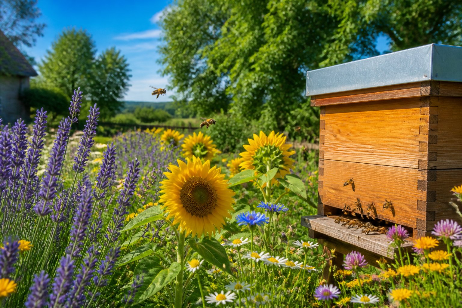 A backyard garden with blooming flowers and bees flying around a wooden beehive under a clear blue sky.