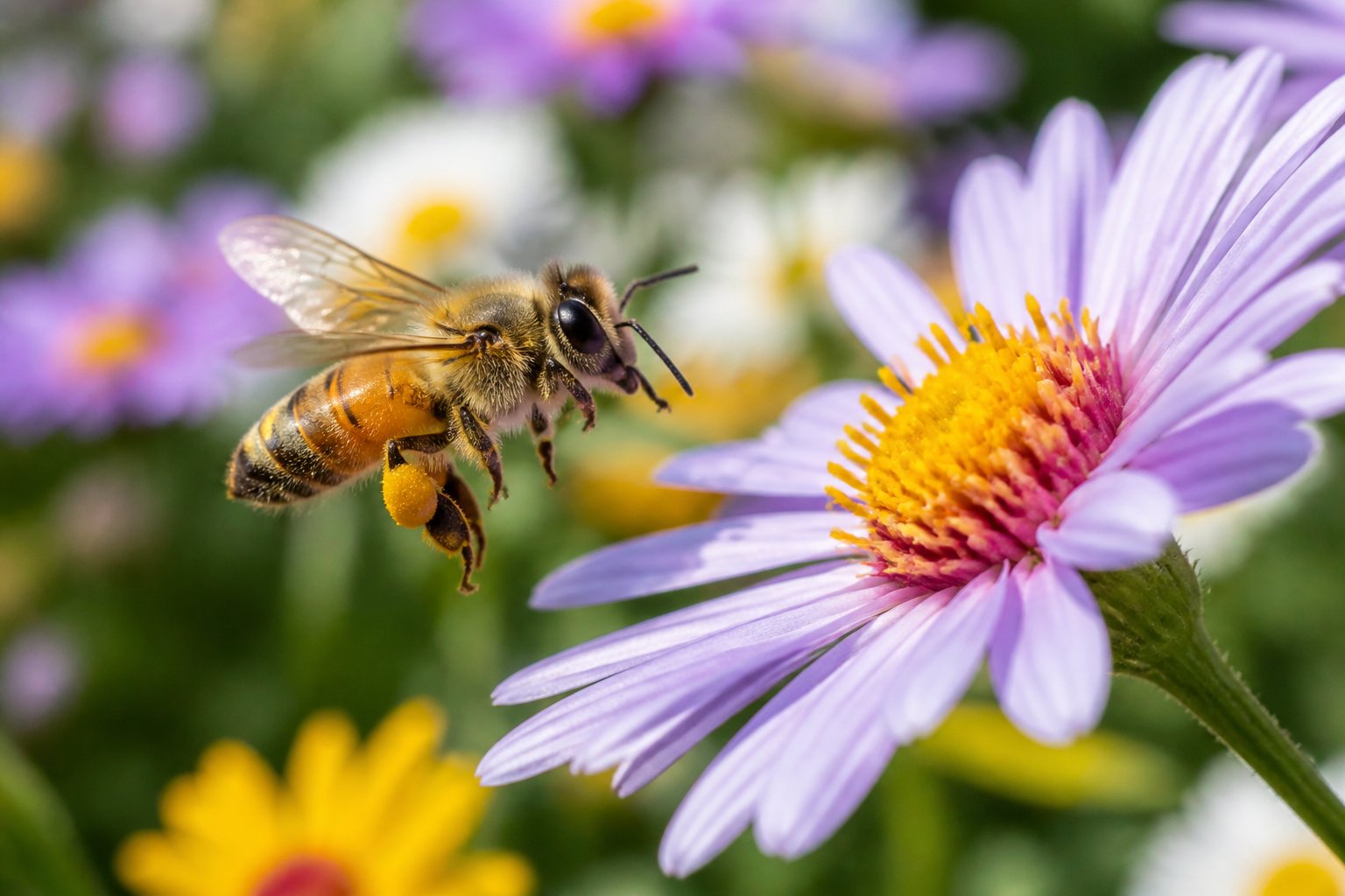 A honeybee flying toward a colorful flower in a garden with other blooming flowers in the background.