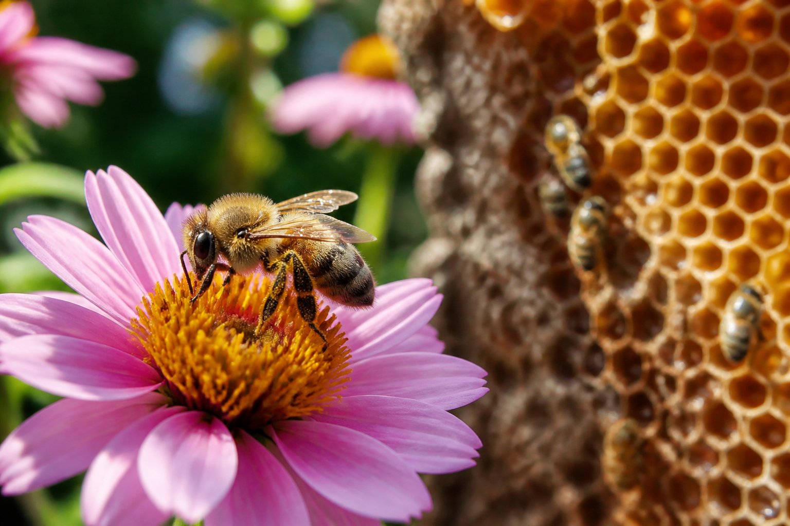 A honeybee collecting nectar from a flower with a honeycomb in the background.