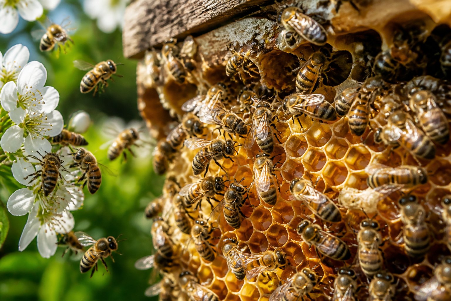 Close-up of honeybees working inside a beehive, storing honey in honeycomb cells surrounded by flowers and green foliage.