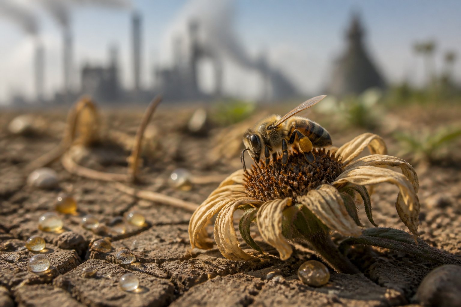Close-up of a honeybee on a wilted flower with dry soil and pollution in the background.